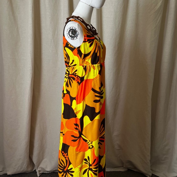 Vintage 70s Pomaré Tahiti Orange Yellow Hibiscus Maxi Dress XS Honolulu - Picture 4 of 11